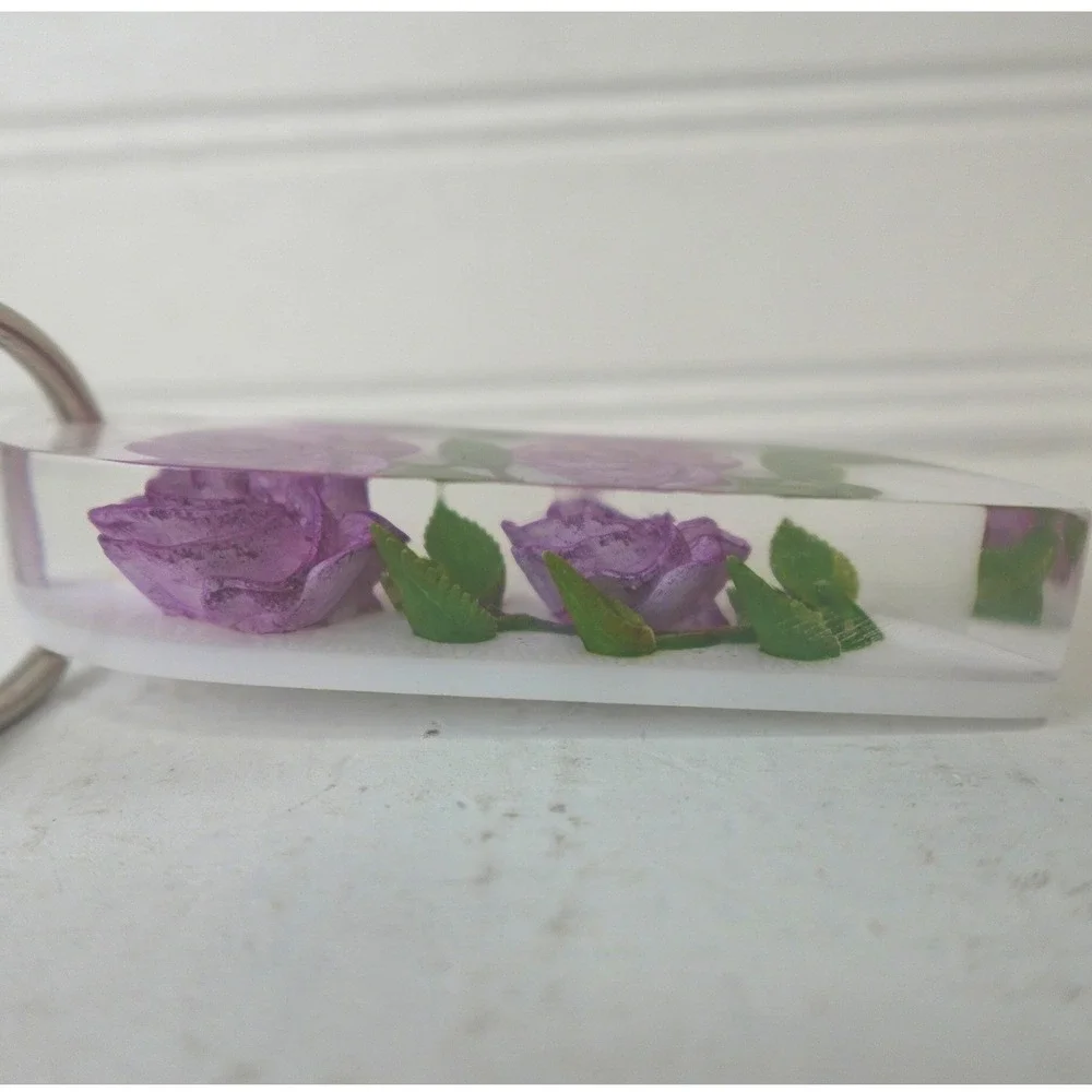 Purple‎ Flower Keychain Bag Charm Two Stem Roses Handmade Resin Fob Holder